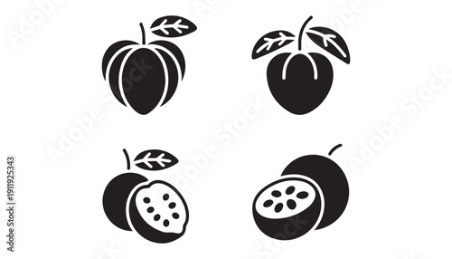 black color Cherimoya fruits set of silhouette vector illustration, solid white background