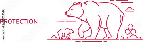 Pink line art illustration of a mother polar bear and cub for conservation protection