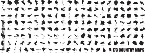 Massive Collection of 173 Detailed Country Map Silhouettes in Black Minimalist Style for Global Design.