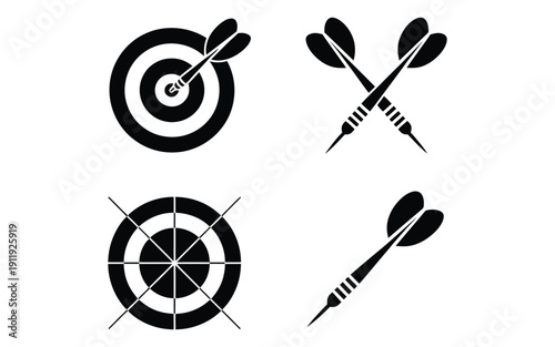 A curated set of four black and white dart-themed icons showcasing a dart hitting a bullseye, crossed darts, a segmented dartboard, and a single dart.