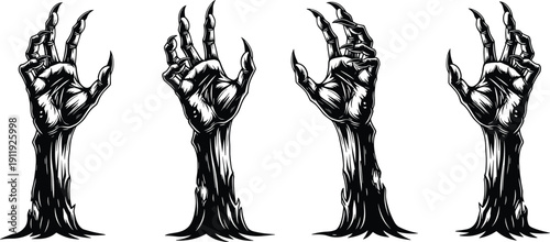 Spooky Halloween Zombie Hand Silhouette Set Featuring Creepy Undead Arms Rising From Grave for Horror Party Decor and Scary Invitations, cad drawing flat vector illustration