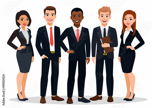 Diverse group of five business professionals standing in a row