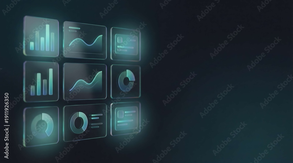 Fototapeta premium Futuristic holographic data dashboards in a dark high tech setting cinematic 3d render