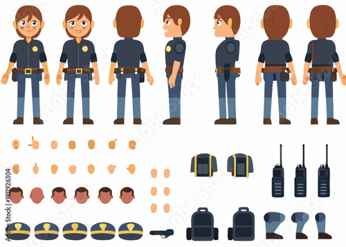 Cartoon police officer character sheet with various poses and equipment