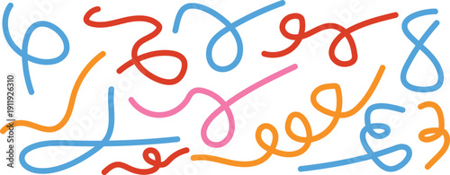 A colorful abstract composition of swirling lines and curves in blue red orange and pink hues on a white background with artistic expression