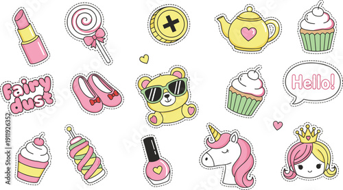 Cute Kawaii Fashion and Sweet Sticker Collection, Unicorn, Cupcake, Makeup and Teddy Bear Cartoon Vector Set