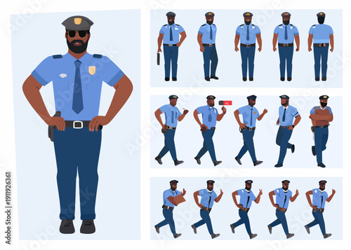 Diverse police officers in various poses and a full body character design