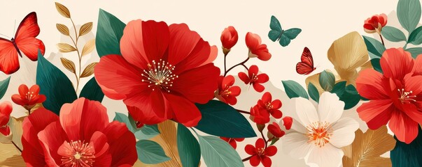 Red Flowers and Berries With Butterfly on White Background and Gold Patterns