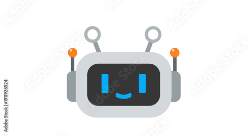 Robot with antennae and smiling screen viewed from the front in a digital illustration