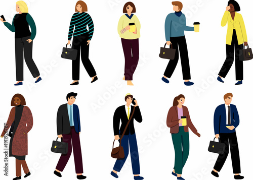 Diverse group of people walking carrying bags and coffee cups