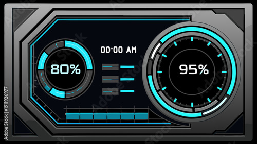 Futuristic interface display showing percentage levels and digital time readout
