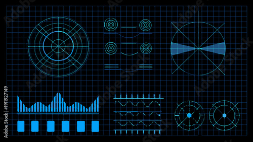 Futuristic interface elements displayed on a dark blue grid background