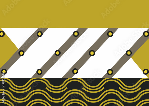Abstract graphic pattern with yellow bands diagonal stripes and wavy gold lines on black