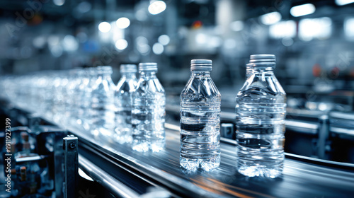 Mineral water bottles flow along a stainless steel conveyor in a bright, modern factory, highlighting efficient production
