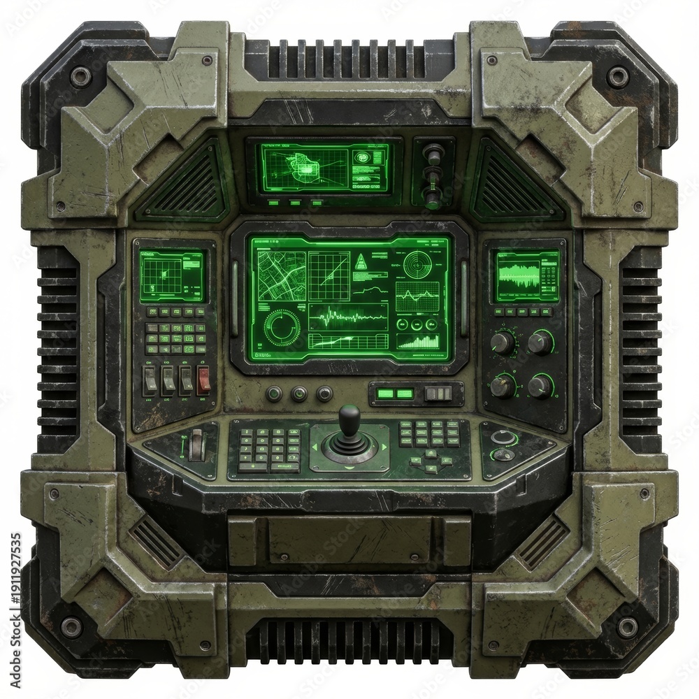 Fototapeta premium Isolated image of a rugged, futuristic control panel with glowing green screens displaying analytical data, waveforms, and maps. This advanced console features a joystick and various controls,