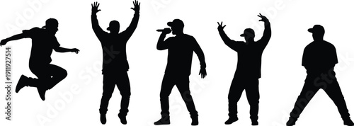 Vector set of black silhouettes featuring hip hop dancers and rappers, energetic men jumping, singing with microphone, and performing urban street dance moves