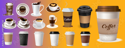 Realistic Coffee Cup and Mug Collection with Paper To-go Cups and Ceramic Espresso Cups for Cafe Branding.