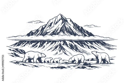 Majestic engraving vector illustration of a polar bear family walking through a snowy arctic landscape with high mountain peaks and a cold atmosphere.
