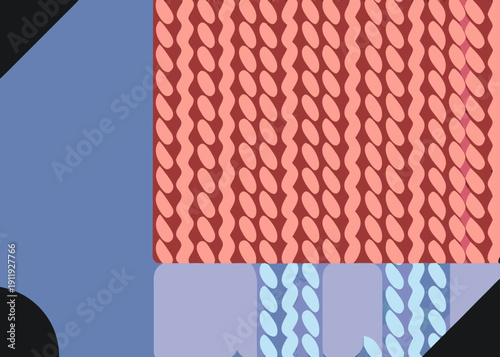 Macro view of a red and blue knitted fabric with vertical cable patterns