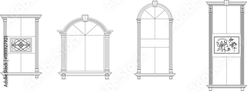 Technical vector illustration of an intricate carved panel featuring traditional acanthus foliage and scrollwork in a symmetrical composition