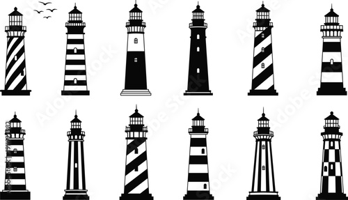 Large set of nautical lighthouse icons and coastal beacon silhouettes in flat black style for maritime navigation, sea travel, and beach house decor concepts.