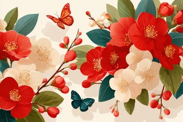 Vibrant red and white cherry blossoms with green leaves and butterfly in a Japanese pattern
