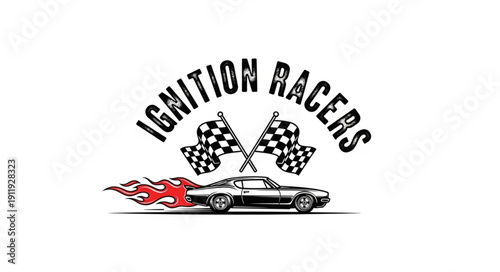 Racing Car with Checkered Flags Logo.