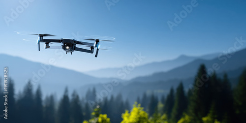 Smart drone flying over forest with mountain background and clear blue sky