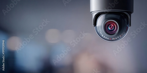 Surveillance camera lens close up with blurred background for security monitoring