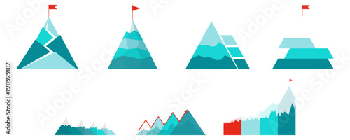 Mountain peak path goals, target, progress infographic illustration for business, company presentation. Vector isolated.