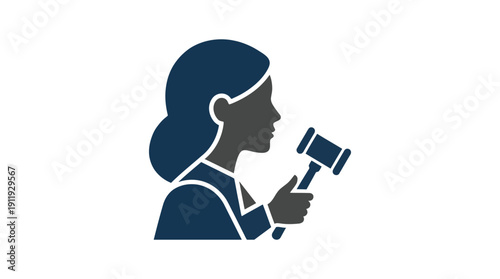 Woman Judge Profile Silhouette Holding Gavel, Illustrating Law Justice Legal System Authority, Minimalist Flat Blue Grey Vector Icon Isolated.