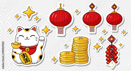 Lucky Cat with Chinese New Year Decorations and Symbols of Wealth