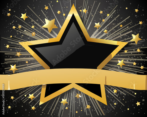 A golden starburst background with a central black star and ribbon