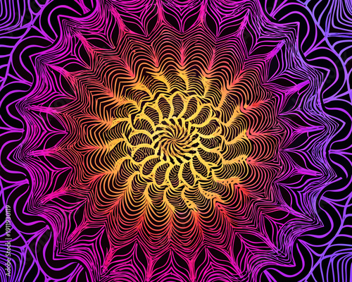 Abstract kaleidoscope pattern with vibrant gradients of pink purple orange and yellow