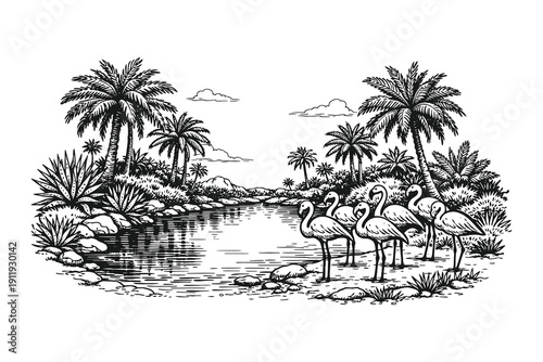 Elegant woodcut vector illustration of a flock of flamingos standing in a calm tropical oasis pond surrounded by palm trees and lush plants.