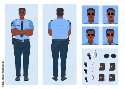 Police officer character design sheet with front back and facial expressions