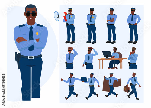 Diverse security guard illustrations in various poses and a desk setting