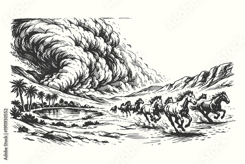 Dramatic vector illustration in vintage woodcut style featuring wild horses galloping away from a massive dust storm and tornado in a desert valley.