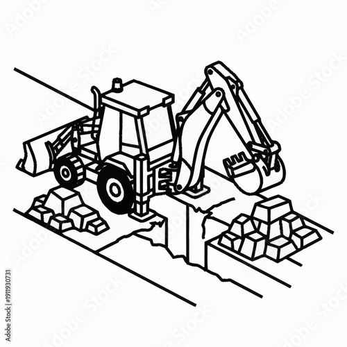 Backhoe loader digging and moving bricks on a construction site.