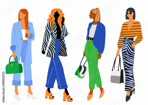 Four fashionable women in stylish outfits pose against a white background