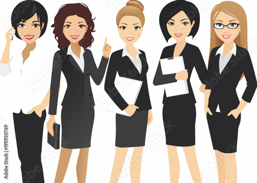 Five diverse professional women in business attire stand closely together