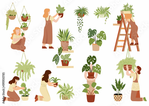 People tending to various houseplants and enjoying indoor gardening