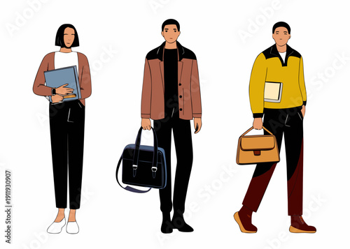 Three fashionable individuals a woman and two men stand in a stylized illustration