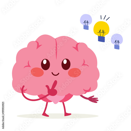 Cartoon vector illustration of a cute brain character deciding between different light bulbs. Concept for creativity, decision making, innovation and brainstorming