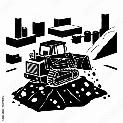 Heavy machinery bulldozer at a construction site with building materials.