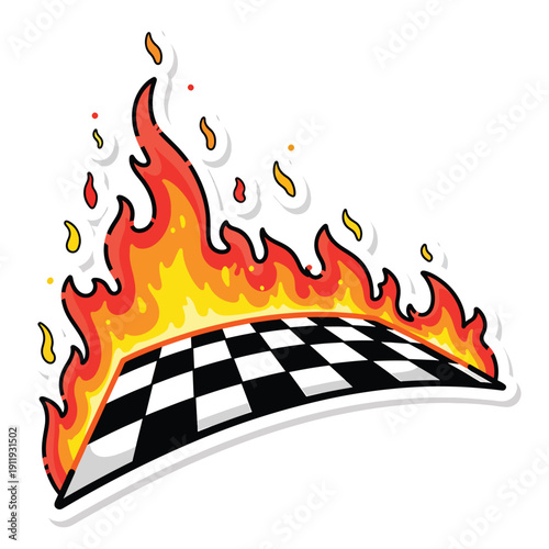 Flames engulfing checkered racing flag, dynamic illustration, vibrant colors, racing theme, speed, action