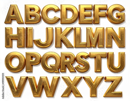 Golden Alphabet Letters A to Z Shiny Metallic Font.