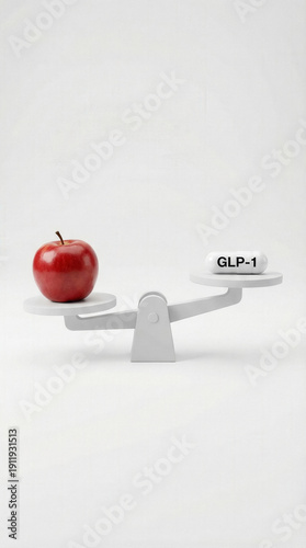 Conceptual balance scale with red apple and GLP-1 pill, symbolizing comparison between healthy diet and weight loss medication.