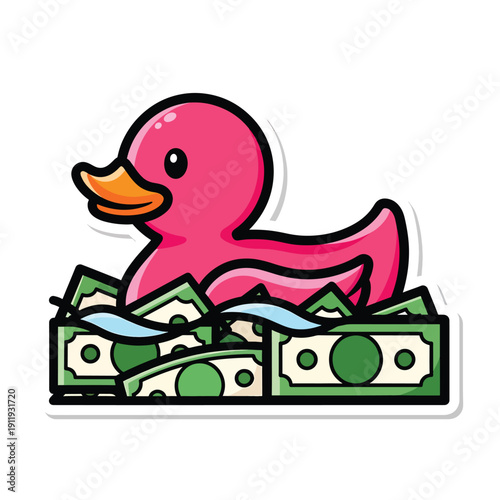 A cartoon duck floating on a pile of money, illustrating wealth and prosperity in a humorous vector illustration.