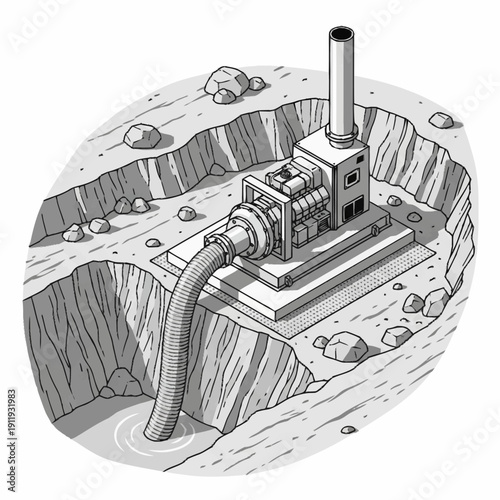 Industrial machinery extracting water from a rocky terrain.